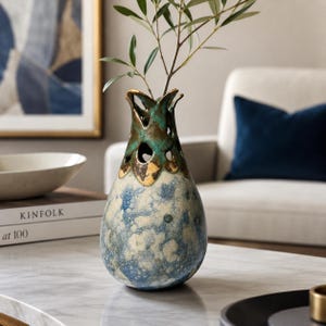 Signed Studio Pottery Pierced Neck Vase with Crystalline Blue Glaze
