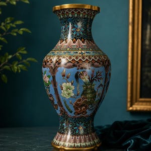 May include: A decorative cloisonné vase featuring a light blue body adorned with intricate floral and botanical motifs in shades of green, pink, and brown. The neck and base are decorated with black, gold, and teal patterns, finished with a gold rim.