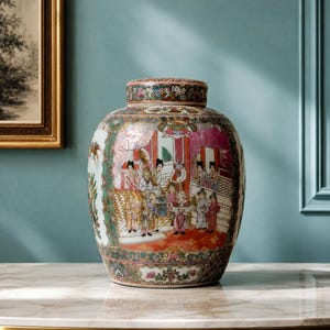 May include: A ceramic ginger jar featuring a colorful hand-painted scene of figures in a traditional interior setting. The vessel has a matching lid and is decorated with intricate floral and geometric patterns in shades of pink, green, and gold.