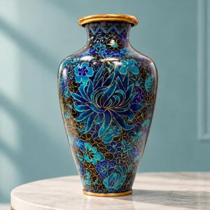 May include: A decorative vase featuring a deep blue and turquoise floral pattern with intricate gold-toned wire outlines. The vessel has a tapered neck, a rounded body, and a smooth gold-toned rim at the top and base, showcasing a cloisonné style.