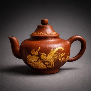 Vintage Yixing Zisha Teapot with Gilt Phoenix & Floral Motif | Chinese Scholar’s Tea Decor
