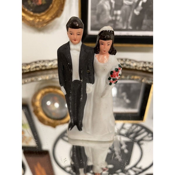 Vtg Mid Century 1946 Brunette Bride and Groom Wedding Cake Topper Porcelaine B2: 1