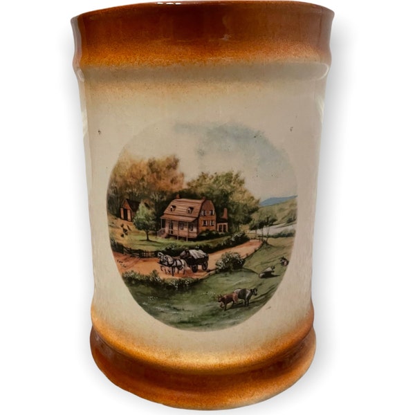 Vintage Glazed Ceramic Pottery With Victorian Country Scene Tall Trinket Shave Cup Mug Beer Stein Signed  Antique Vintage Cottage  B3:1