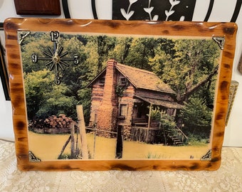 Vintage Primitive Country Lacquered Wood Log Cabin Photo Wall Clock Sign Grandmillenial Cottage Retro Clocks