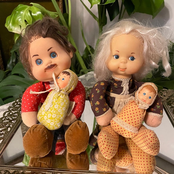 Vintage SELTENE 1970er Jahre Mattel Mama Beans Daddy Bohnen und Baby Bohnen Spielzeug Puppen - Retro Familie Set mit Mama, Papa und beiden Babys