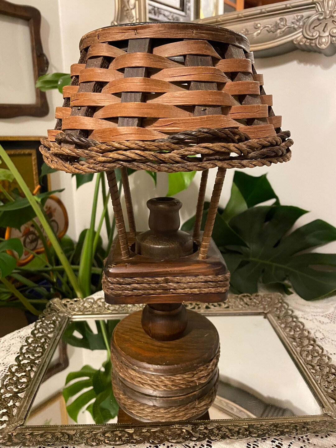 Vintage Wooden Candle Lamp Lantern With Woven Shade Etsy