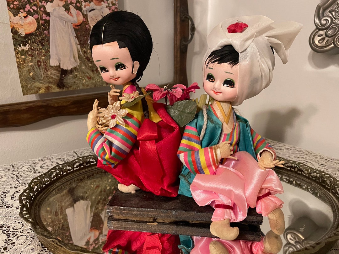 Vtg Big Eyed Asian Korean Bradley Style Mod Dolls Sisters Basket Headwrap 60s 70s Etsy