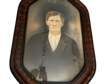 Antique Vintage Convex Bubble Frame Portrait Middle Aged Man Blue Eyes Colored Photo Southern Wall Decor Country Primitive Collared