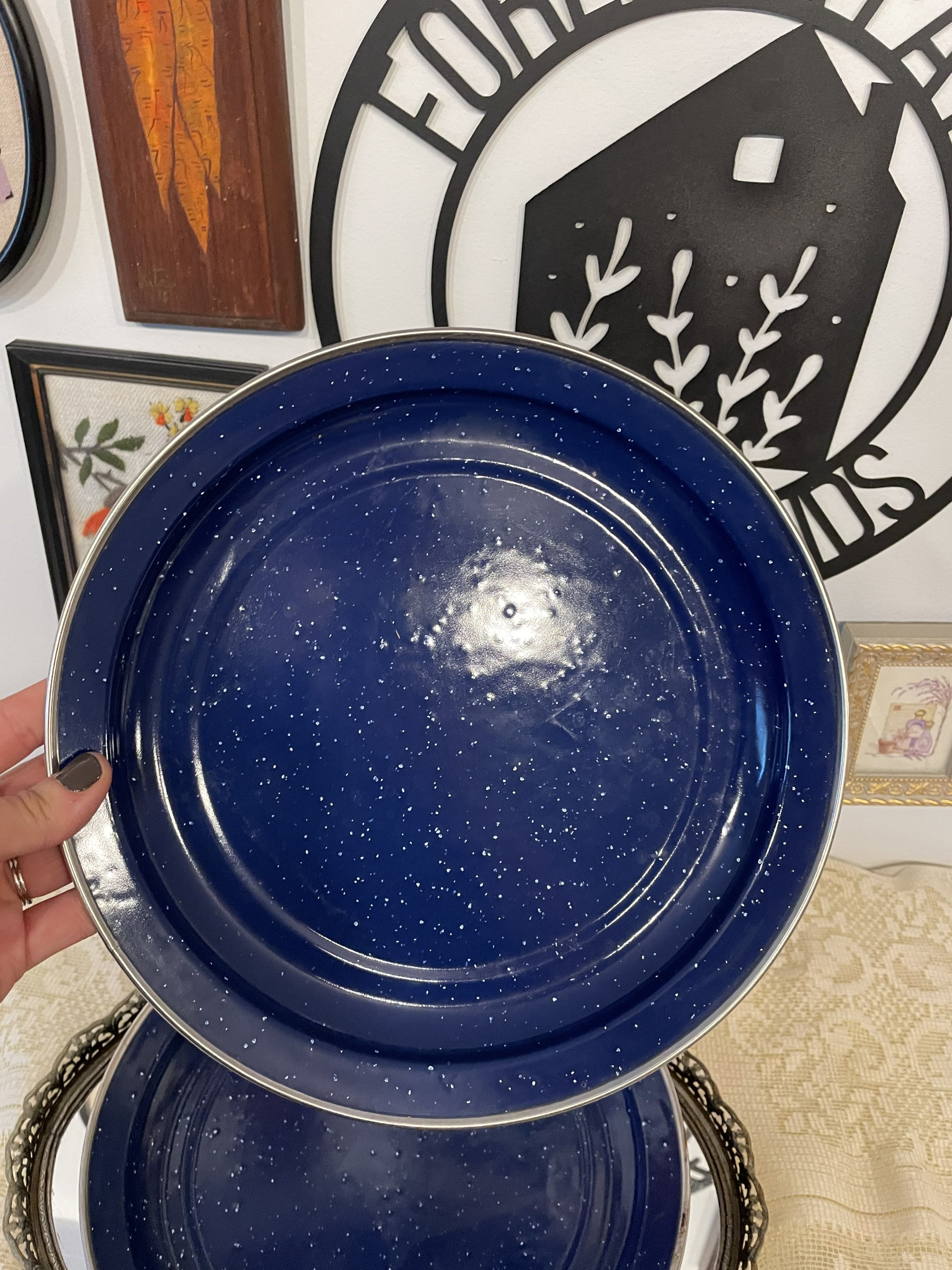 Set of 4 Blue Speckled Enamelware Plates 1950s Deep Enameled Plate