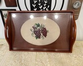 Vintage Embroidered Glass Top Tray Grapes Needlepoint Wall Serving Decor Vanity Coffee Table Country Farm Living