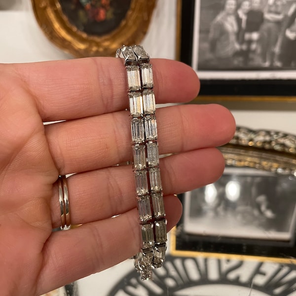 Vintage Brilliant Rhinestone Baguette Bracelet Layered Estate Jewelry Tiffany Style with Rhinestone clasp Wedding Bridal