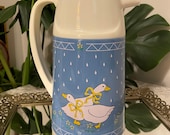 Vintage 1980s Coffee Tea Carafe Pitcher Yellow Ribbon Goose With Blue - Geese Decor - Retro Cottagecore Country Farm Geese 80s 90s Decor