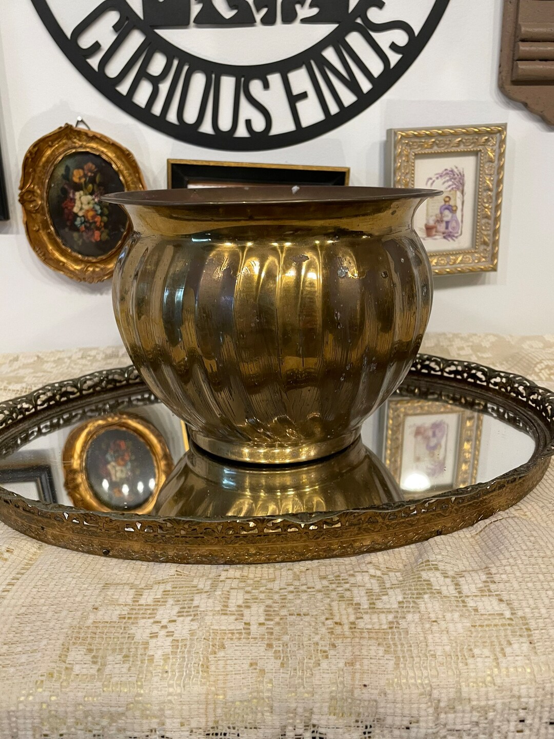 Vintage 7 Inch Brass Bowl Planter With MCM Boho Chic Farmhouse Modern