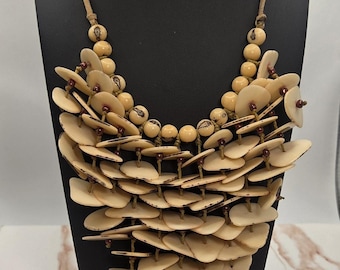 Vintage Artisan Statement Shell Bib Necklace Shell Layers or Tagua Nut Slices