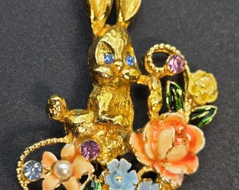 Easter Bunny Brooch Vintage 1960s w/ Rhinestones Enamel Flowers Faux Pearl