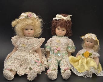 Porcelain Dollhouse Dolls Set Of 3 Artisan Handcrafted Miniature Posable Socket