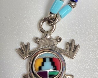 Navajo Handmade Frog Pendant 925 Sterling Silver Multicolor Inlay 16" Chain