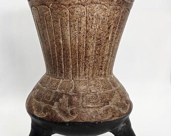 Vtg Aztec Mayan Style Clay Pottery Face On Legs Terra Cotta Vase Tribal Artisan