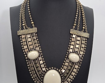 Vintage Statement Necklace Large Oval Cream Cabachons Choker 15" - 18"