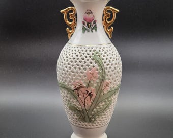 Vintage Chinese Porcelain Floral Enamel Vase Reticulated Pierced Design