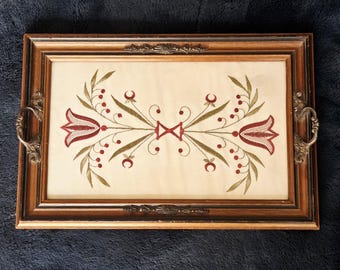 Botanical Embroidery Vintage ServiceTray Wall Hanging Metal Accents Folk Art Handmade