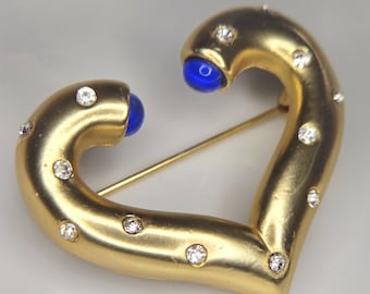 Givenchy Style Open Heart Pin Brooch Gold Tone Blue Stones & Crystals Unsigned