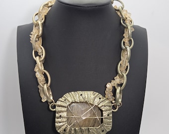 Vintage Brutalist Rutilated Quartz Statement Necklace Bold Fashion Choker 17"