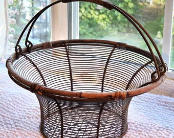 Antique French Wire Work Basket Hand Crafted Regional Folk Art Market Fil De Fer