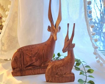 MCM African Impala Gazelle Mahogany Carved Sculptures PAIR & Bonus Flawed Deer
