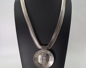 Brutalist Statement Necklace Silver Tone Omega Chain Large Circular Pendant 80's