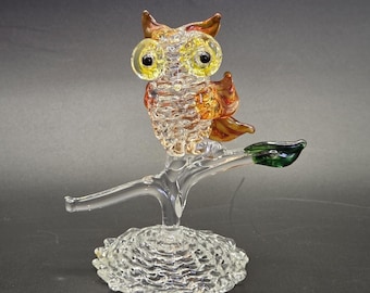 Vintage Hand Blown Glass Art Owl On Perch