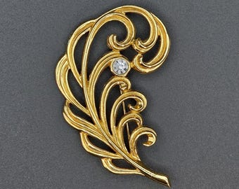 Vintage Avon Gold Tone Feather Brooch with Crystal Accent – 1990s Fashion Jewelry