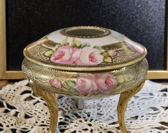 Hair Receiver Nippon Noritake Hand Painted Victorian 3 Leg Pink Roses Gold Gilt