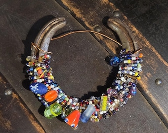 Beaded Lucky Horse Shoe Copper Wire Colorful Glass Western Wall Housewarming