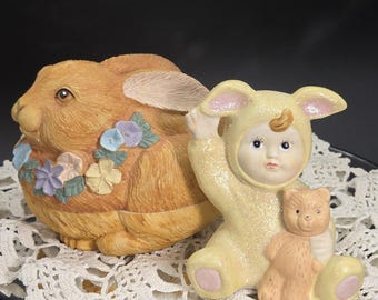 Vintage Easter Decor K's Collection Bunny Child & Silvestri Trinket Dish Spring