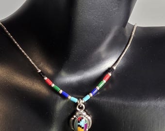 Navajo Handcrafted Oval Pendant 925 Sterling Silver Multicolor Inlay 16" Chain