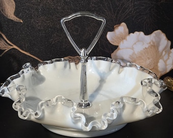 Fenton Silver Crest Milk Glass Candy Dish Bowl Metal Handle Vintage Glassware