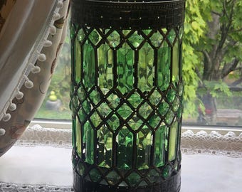 Pier 1 Gem Caravan Antique Bronze Tone Green Beaded Hurricane Candle Holder