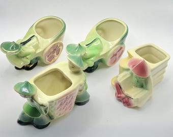 Vintage Shawnee Small Planters Rickshaw Wagon Cart Asian Man Woman Pottery