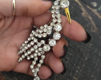Antique Rhinestone Brooch Crane Bird with Rhinestones & Enamel 4.5” 1930s RARE