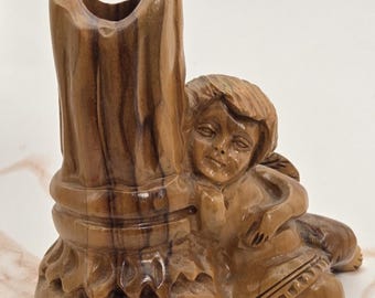Fatima Holy Land Olive Wood Angel Cherub Leaning On Column Candle Holder