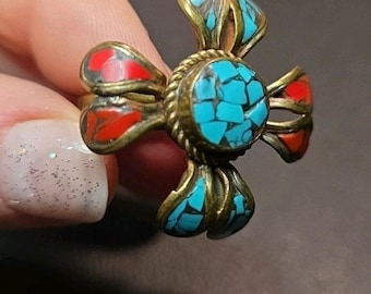 Vintage Handcrafted Tibetan Nepali Ring Turquoise & Red Coral Inlay Size 7.5