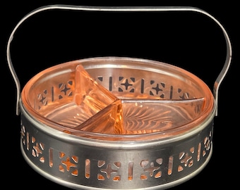 Pink Depression Glass 3 section Divided Relish Candy Dish Silver Tone Carrier