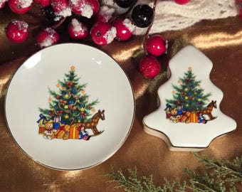 Papel Christmas Tree Dessert Plate And Trinket Box 'Happy Holidays'