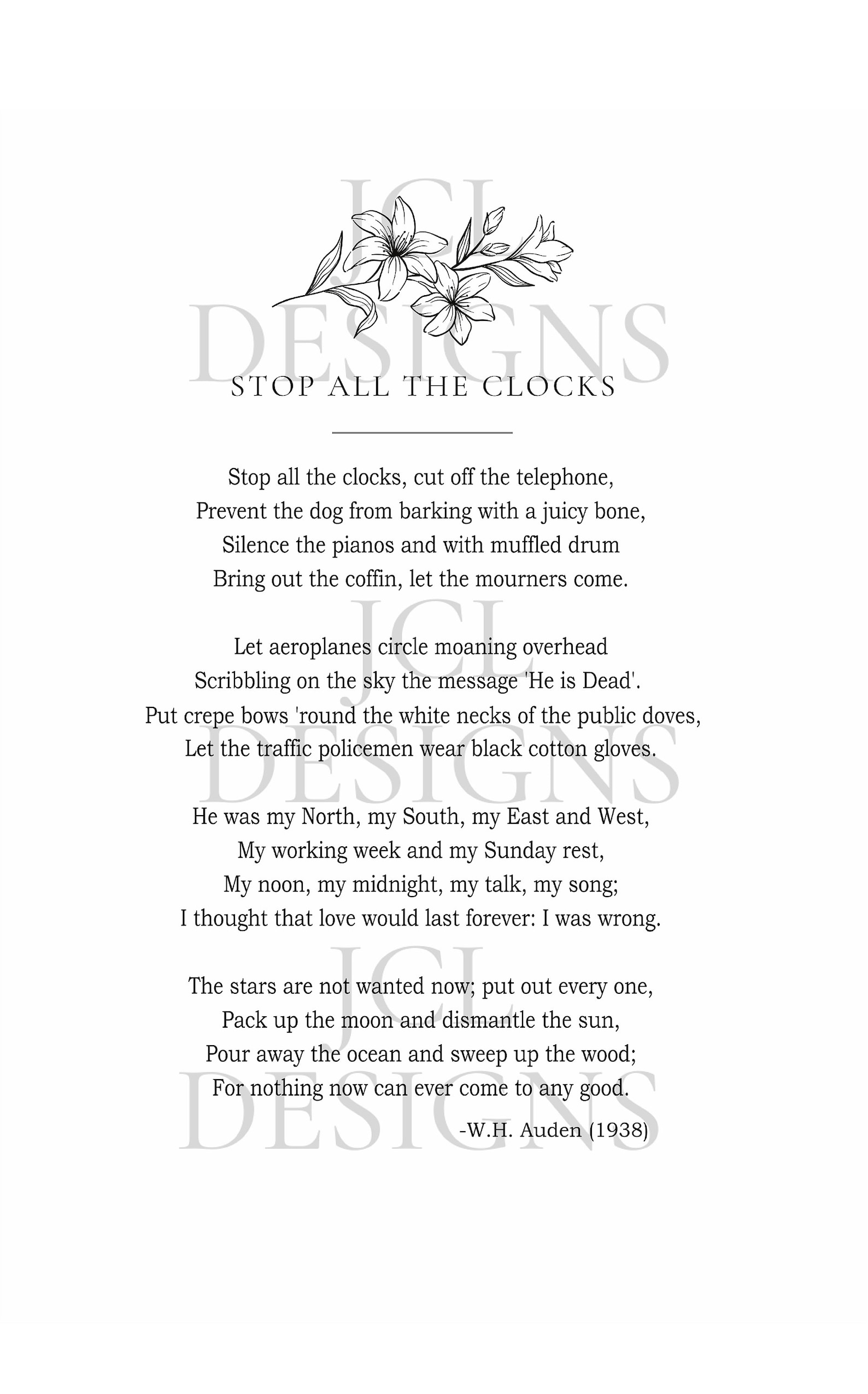 Stop All the Clocks Funeral Poem Four Weddings and a Funeral Program