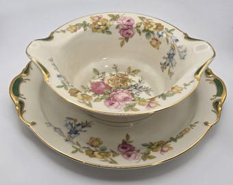 Vintage KPM Royal Ivory Normandie Gravy Boat with Attached Underplate Floral