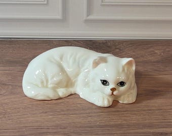 Bone China Persian Cat Figurine, White Porcelain with Blue Eyes