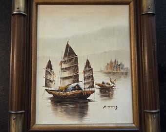 P. Wong Chinese Fishing Junk Boats Oil on Canvas Painting Nautical Brass Frame