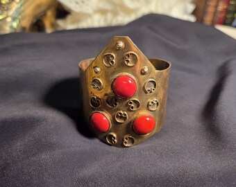 Vintage Brass Wide Cuff Boho Style Bracelet With Red Stone Cabochon Stones