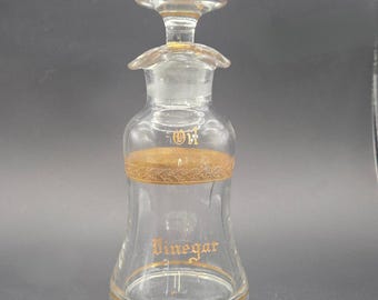 Antique Oil & Vinegar Etched Glass Cruet Vinaigrette Bottle with Glass Stopper